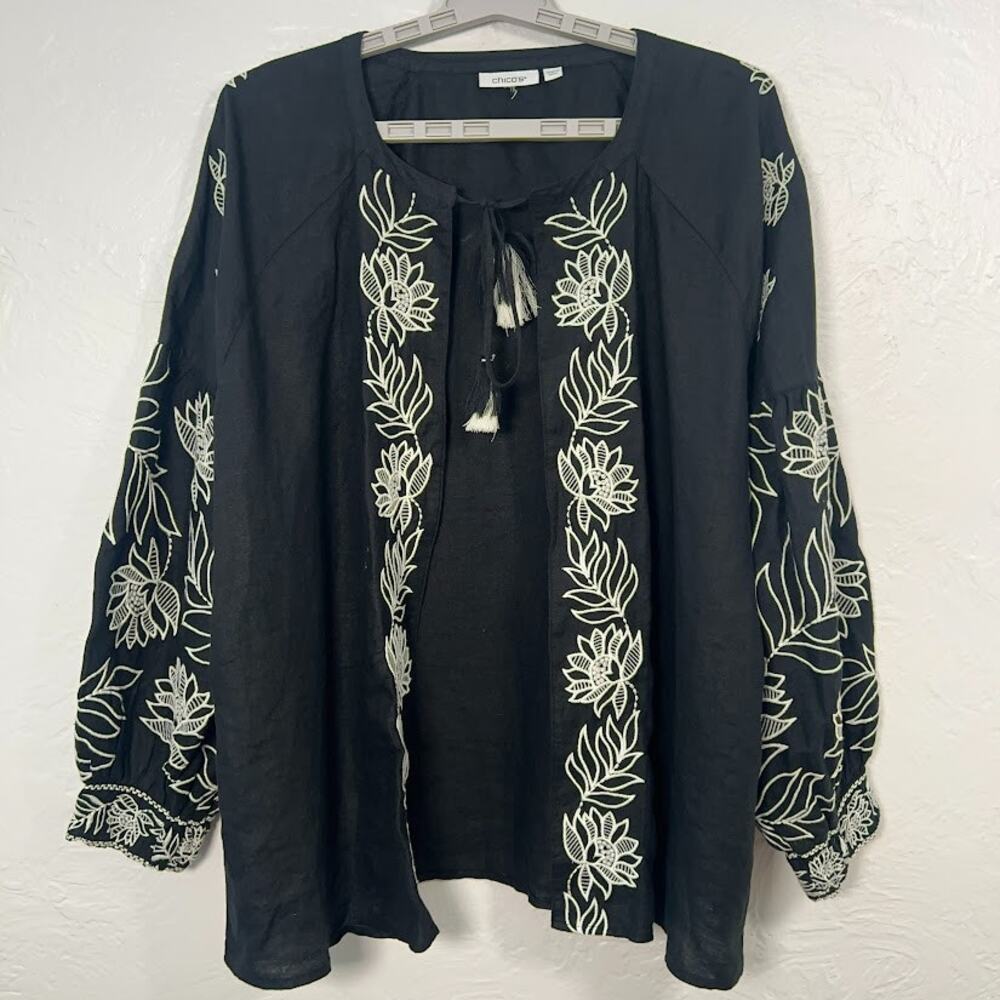 Chico's Black Linen Embroidered Kimono Jacket Balloon Sleeve Tassel Sz XL